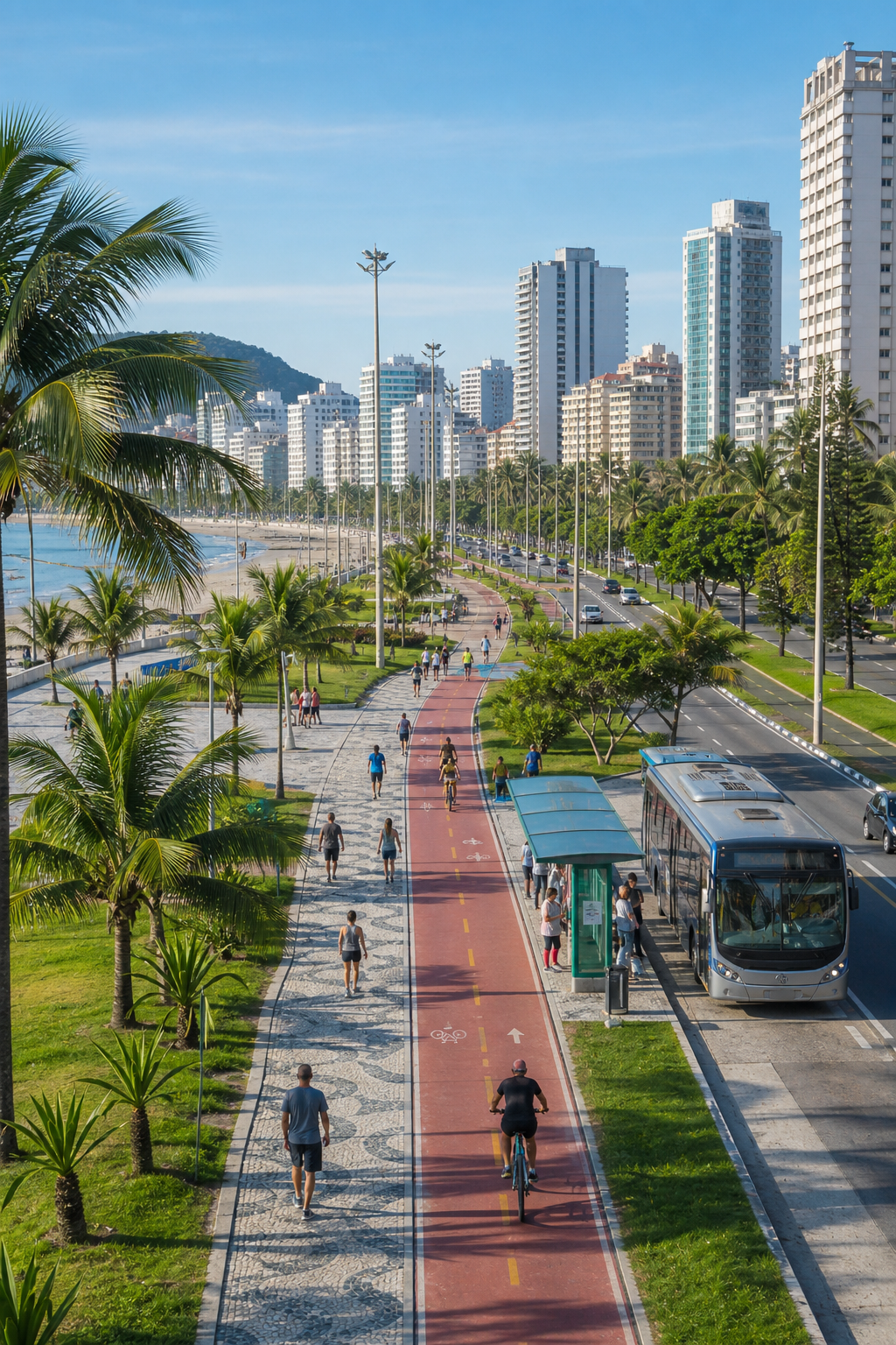 Vida urbana em Santos com mobilidade e serviço local